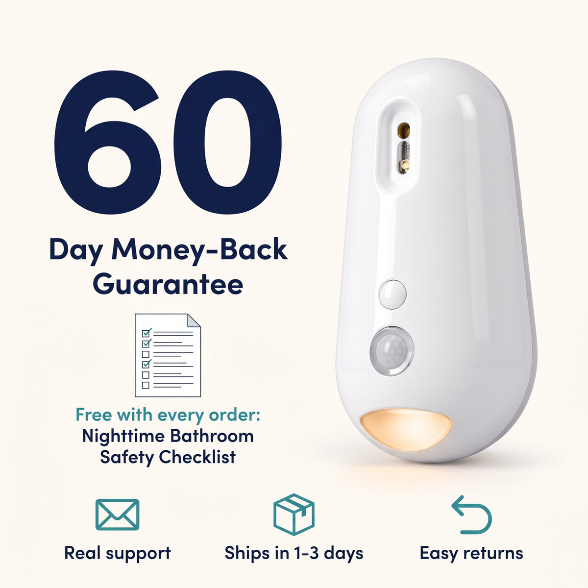 60-day money-back guarantee and free Nighttime Bathroom Safety Checklist